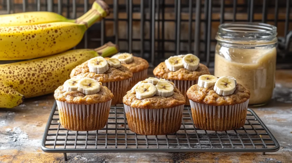 Freshly baked sourdough banana muffins on a rustic wooden table