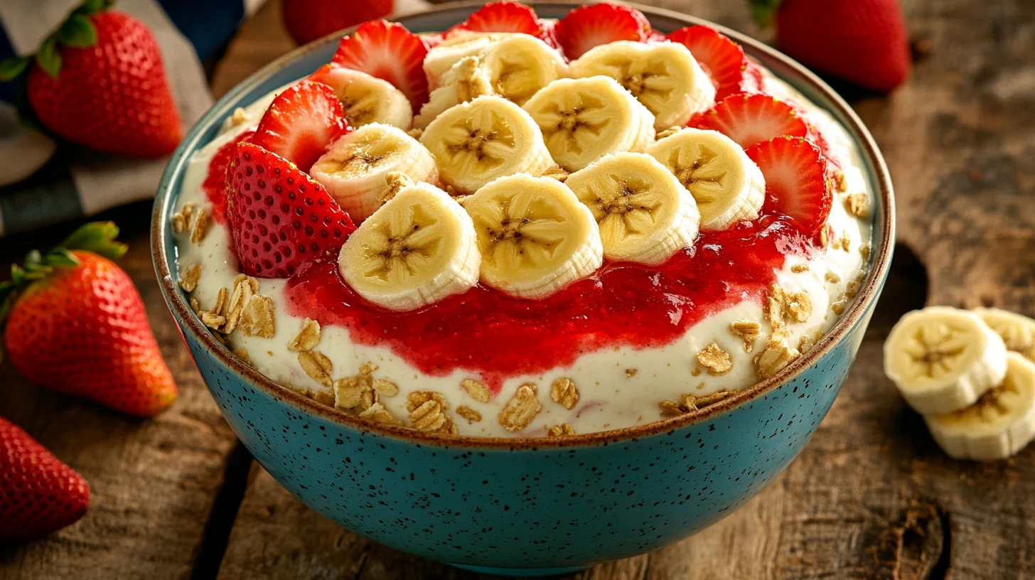 A beautiful bowl of strawberry banana pudding with vibrant layers of fruits and creamy pudding