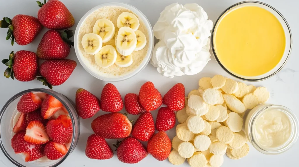 Ingredients for strawberry banana pudding laid out neatly on a kitchen counter