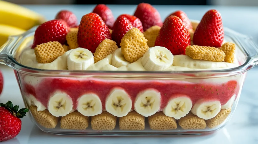 A step-by-step preparation process of strawberry banana pudding in a clean kitchen setting