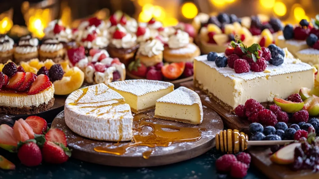 Sweet cheese desserts beautifully arranged with fruits.