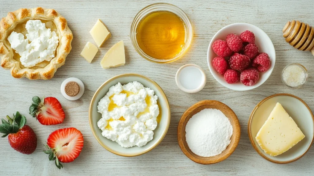 Sweet cheese ingredients like ricotta, mascarpone, fruits.