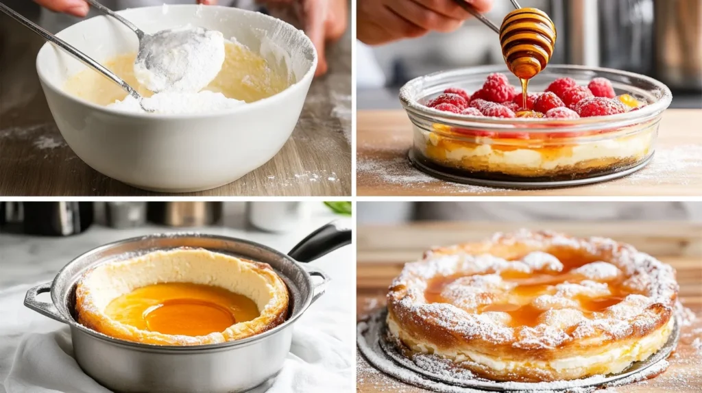 Step-by-step visuals of preparing a sweet cheese dessert.