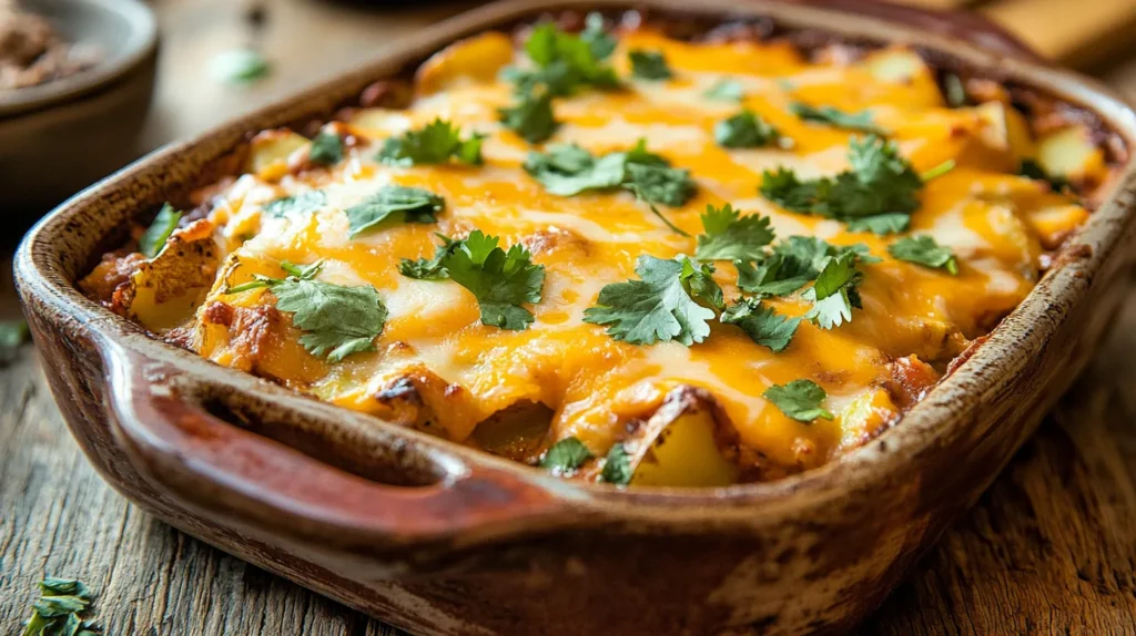 Golden taco potato casserole with toppings