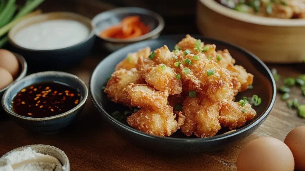 A plate of tempura chicken nuggets ready to serve.