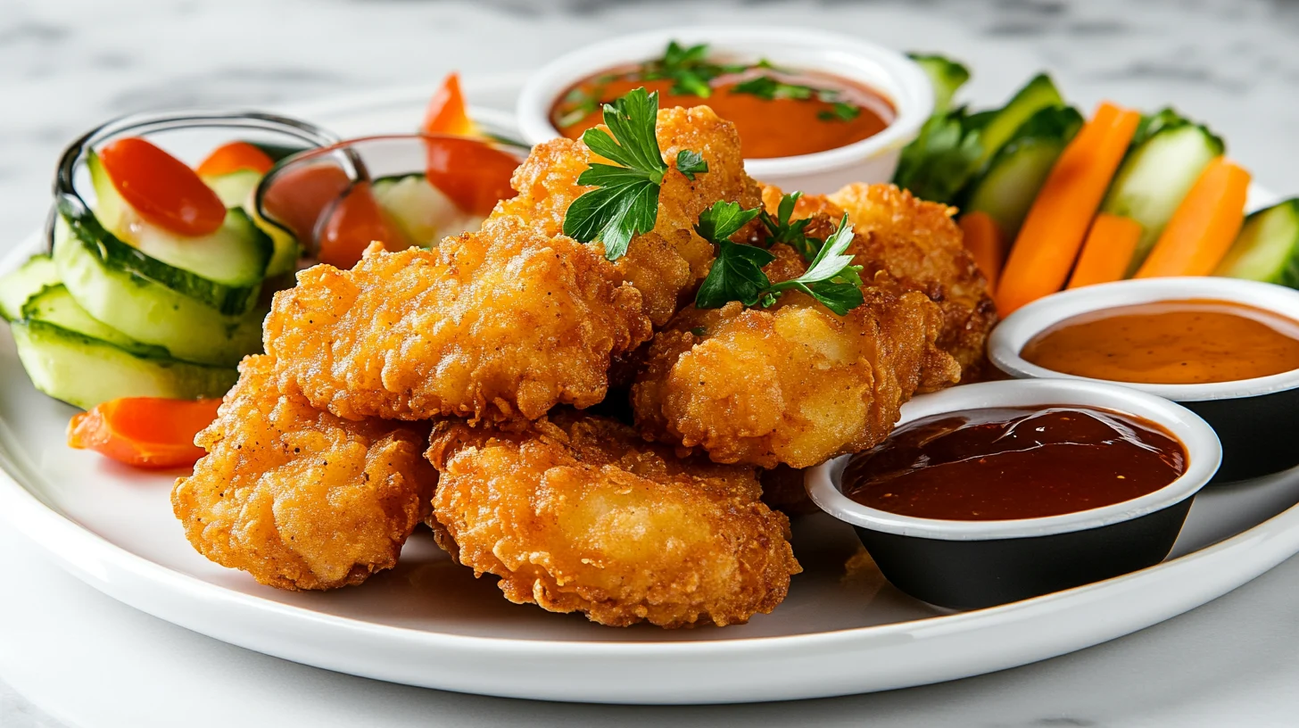 Crispy tempura chicken nuggets with dipping sauces.