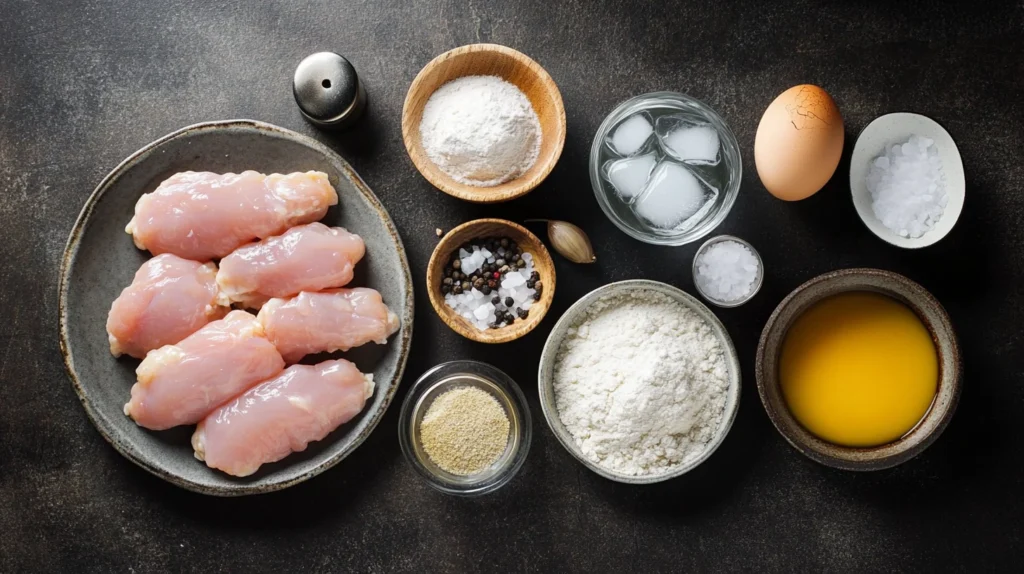 Ingredients for tempura chicken nuggets on a counter.