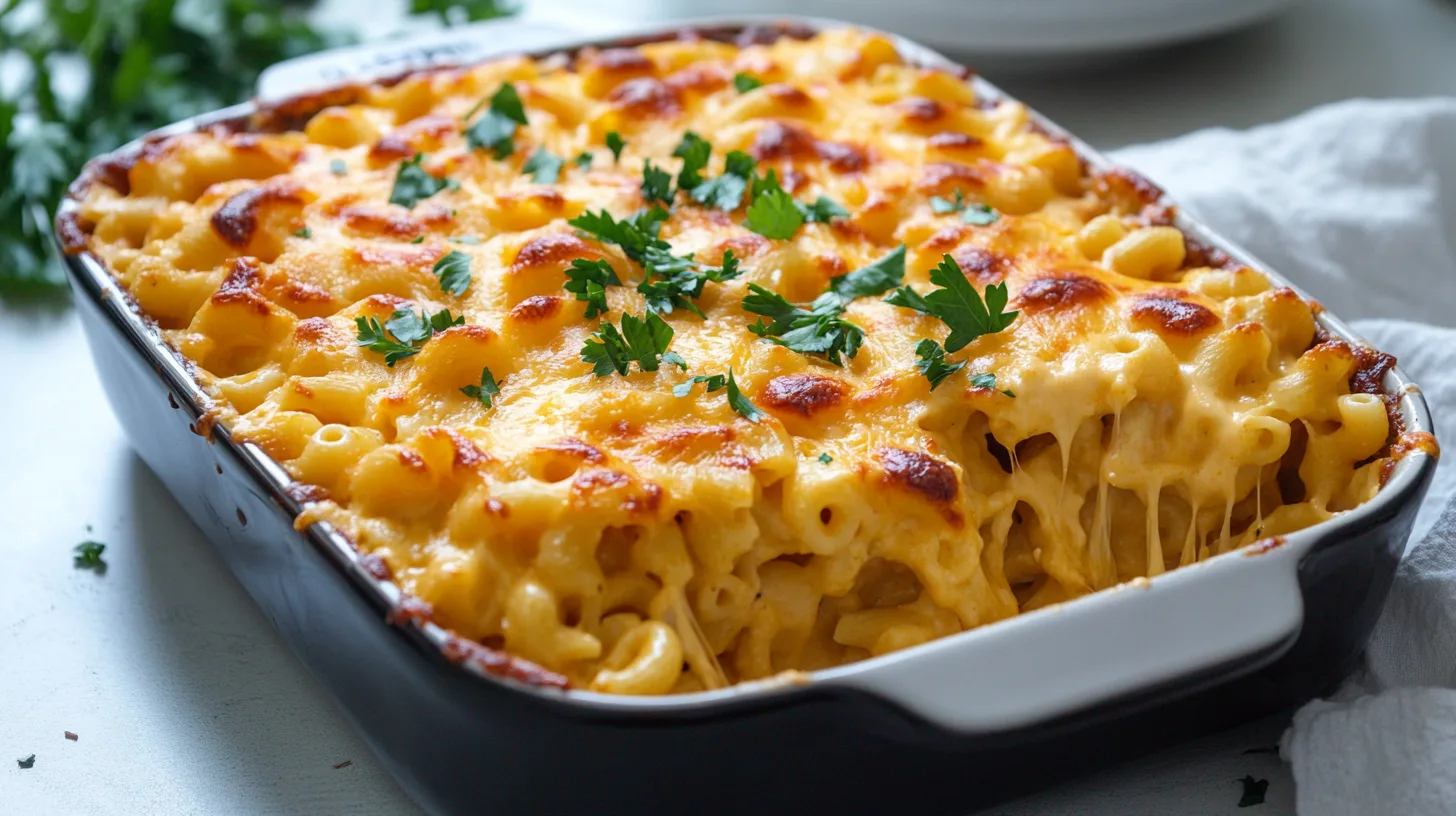 Golden mac and cheese served in a casserole dish