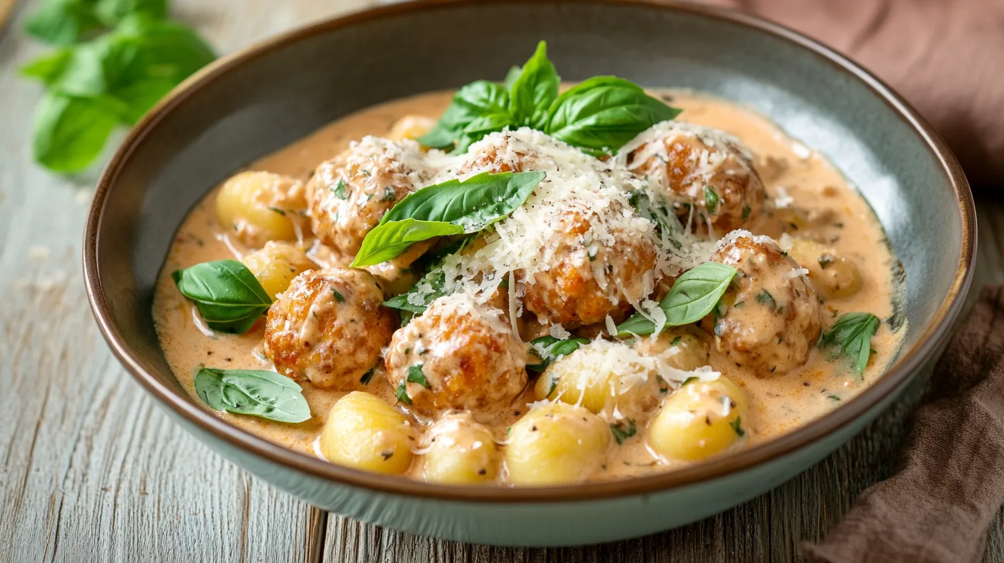 A bowl of Tuscan chicken meatballs with gnocchi