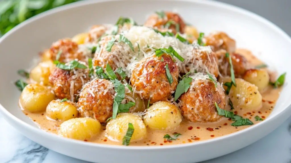 Finished Tuscan chicken meatballs with gnocchi dish