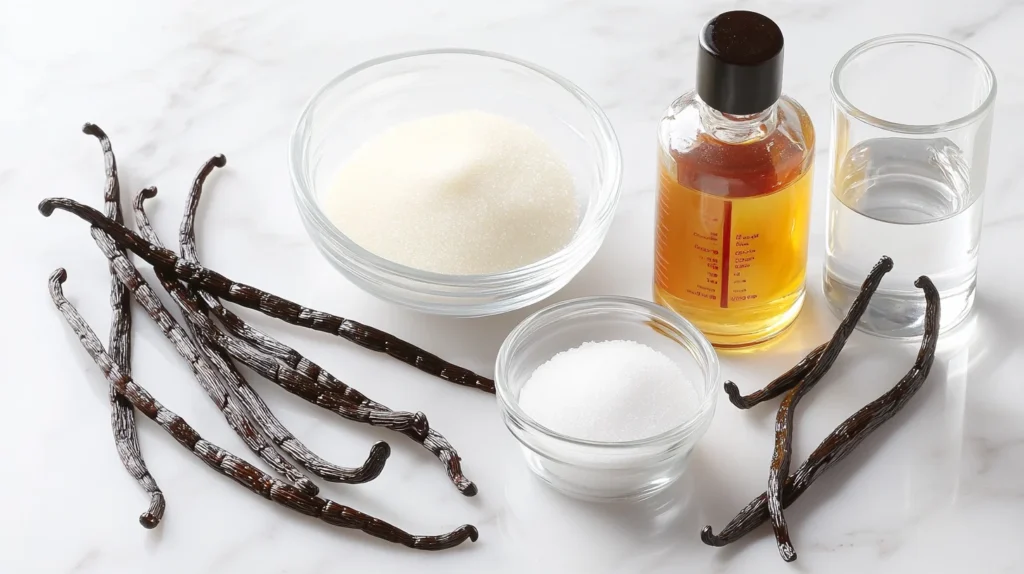 "Ingredients for homemade vanilla paste, including vanilla pods, sugar, and water."