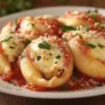 Barilla stuffed shells recipe served with marinara sauce and parsley garnish.