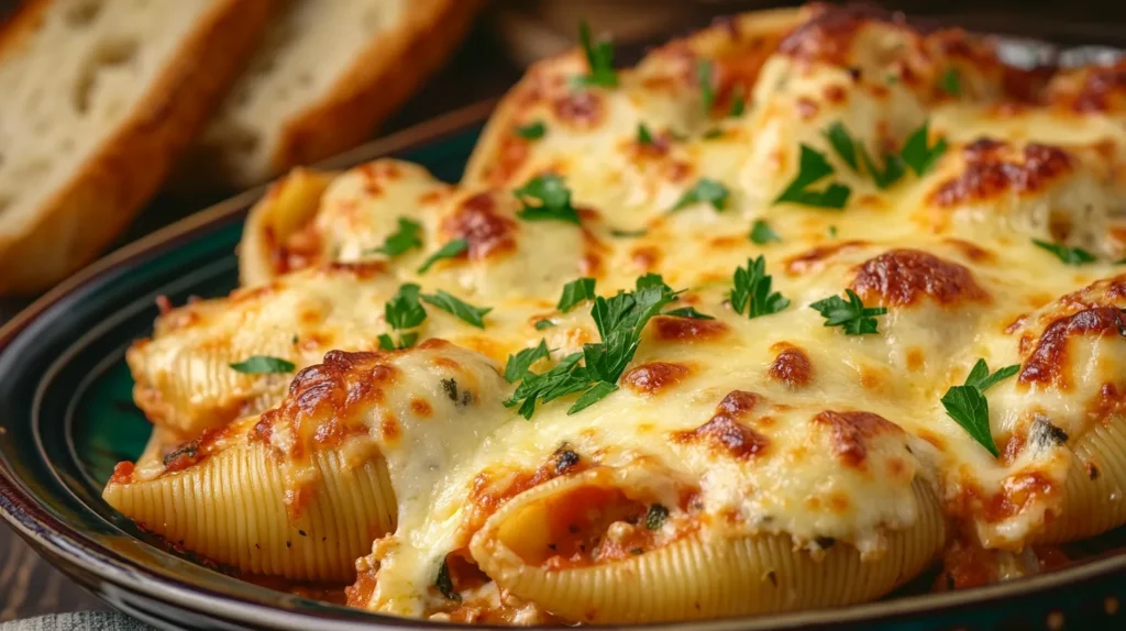 Freshly baked Barilla stuffed shells with golden cheese topping