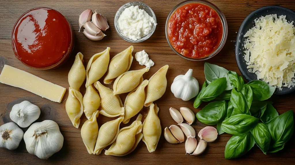 Ingredients for Barilla stuffed shells neatly arranged