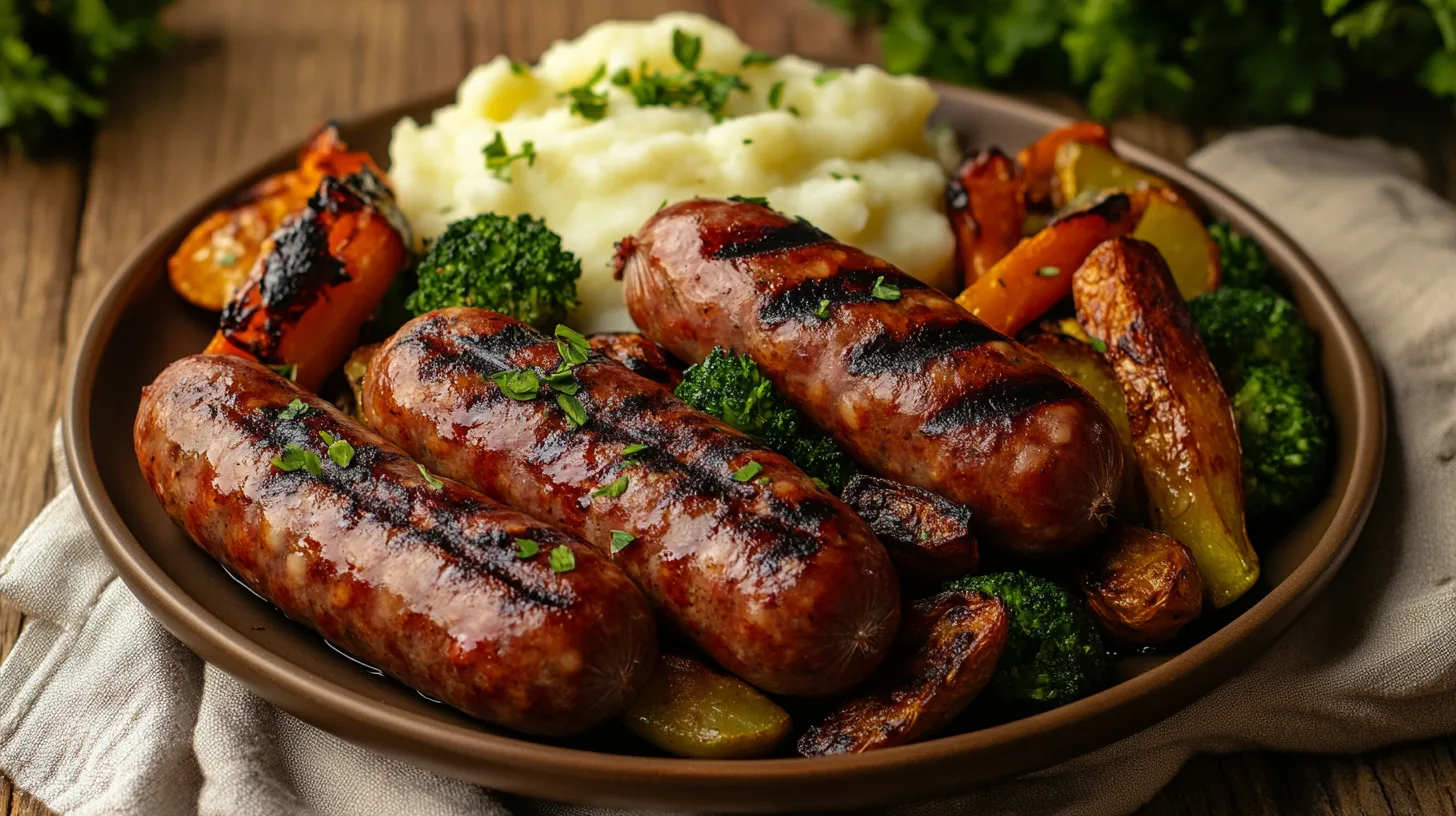 Plate of grilled beef sausages with vegetables and potatoes