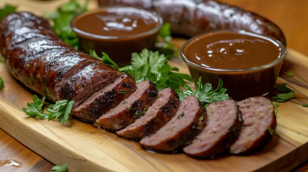 Juicy beef sausages served with dipping sauce