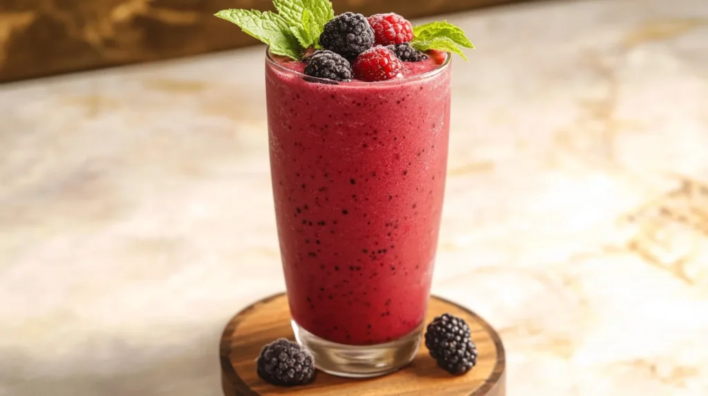 Finished berry smoothie served with garnishes