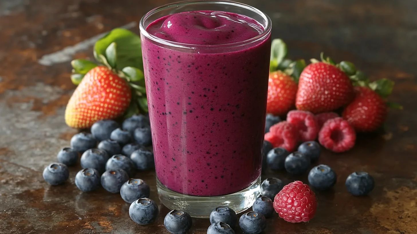 A berry smoothie surrounded by fresh berries