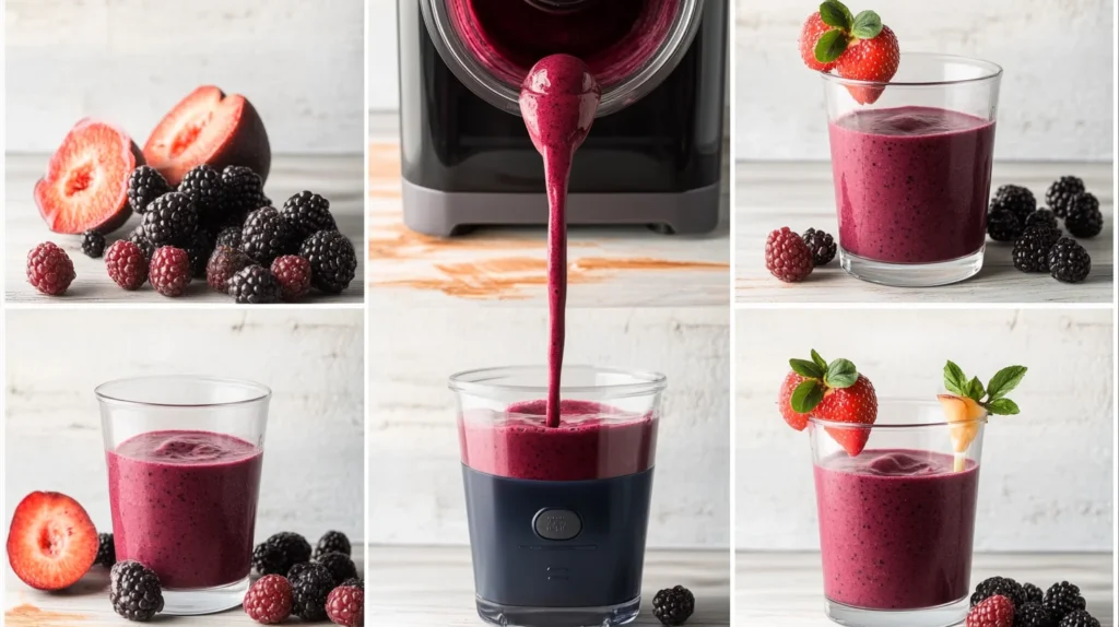 Step-by-step process of making a berry smoothie