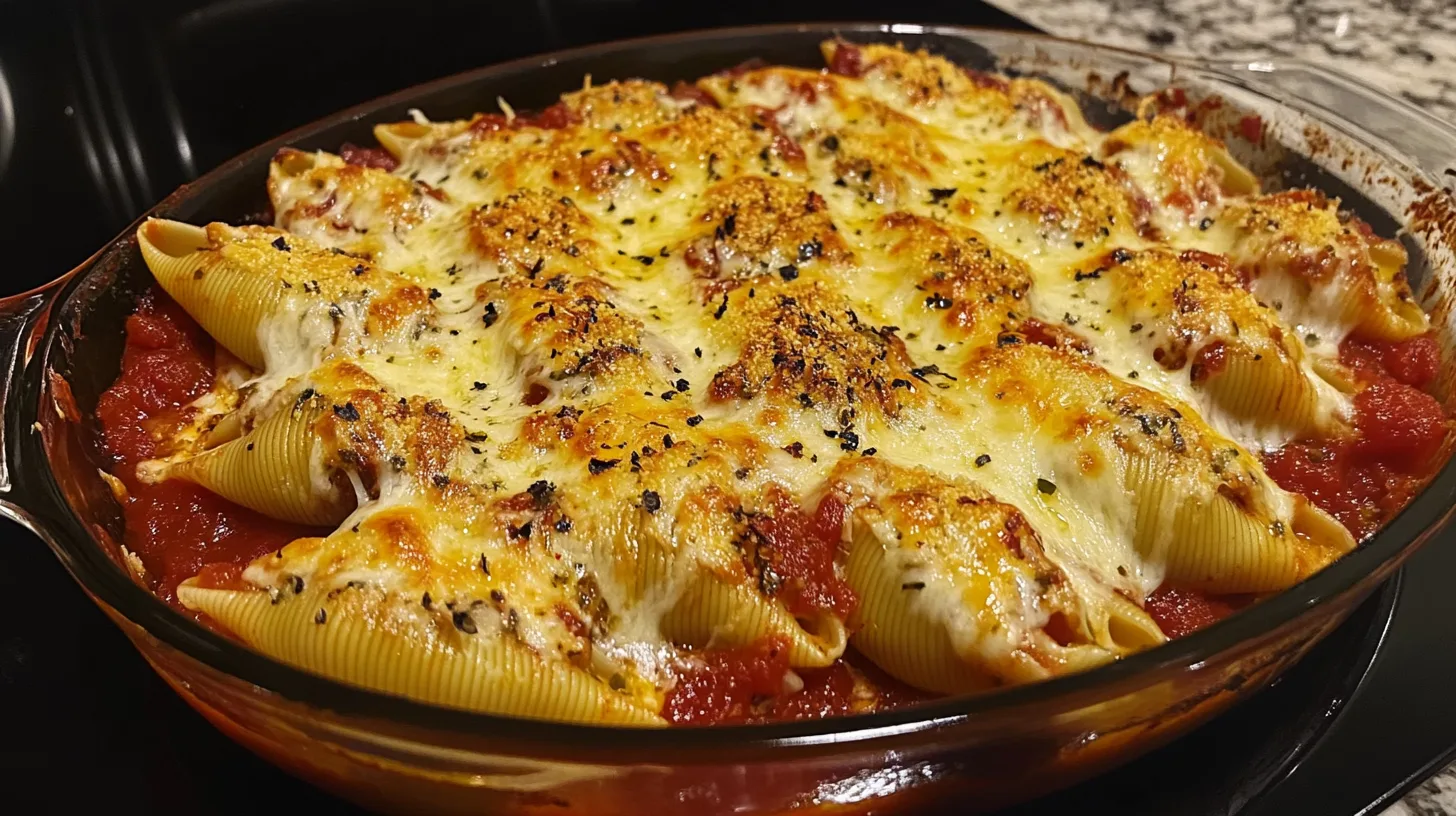 AI-generated image of stuffed shells fresh from the oven