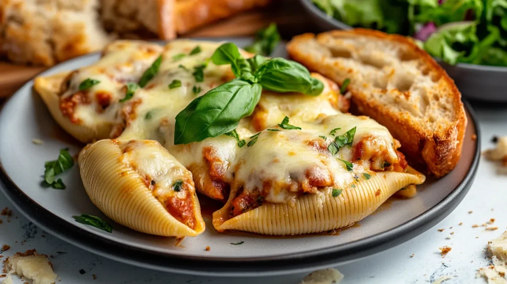 AI-generated plated stuffed shells with garlic bread and salad