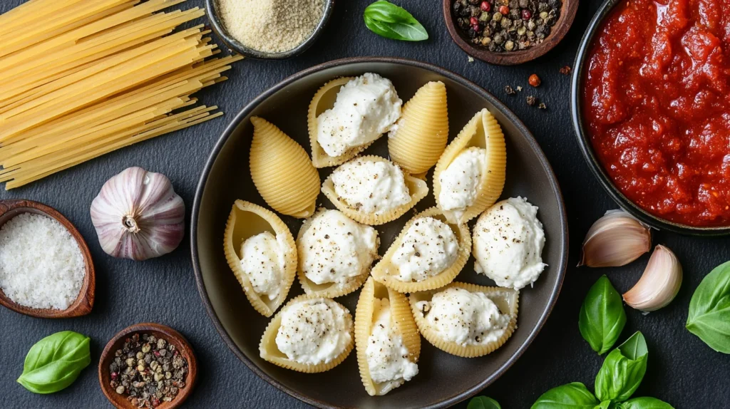 AI-generated flat lay of ingredients for stuffed shells