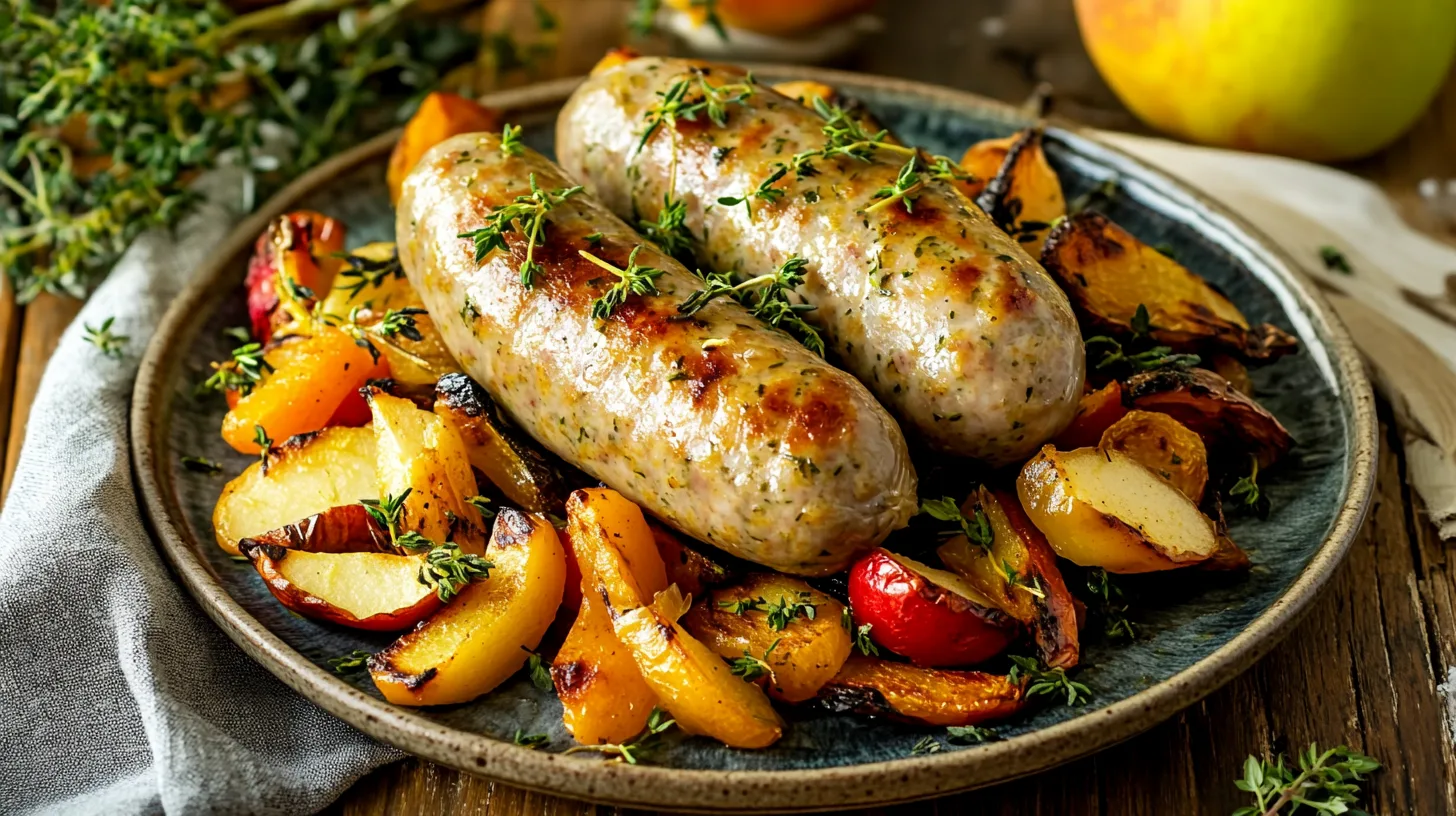 Plated chicken apple sausage dish with roasted veggies