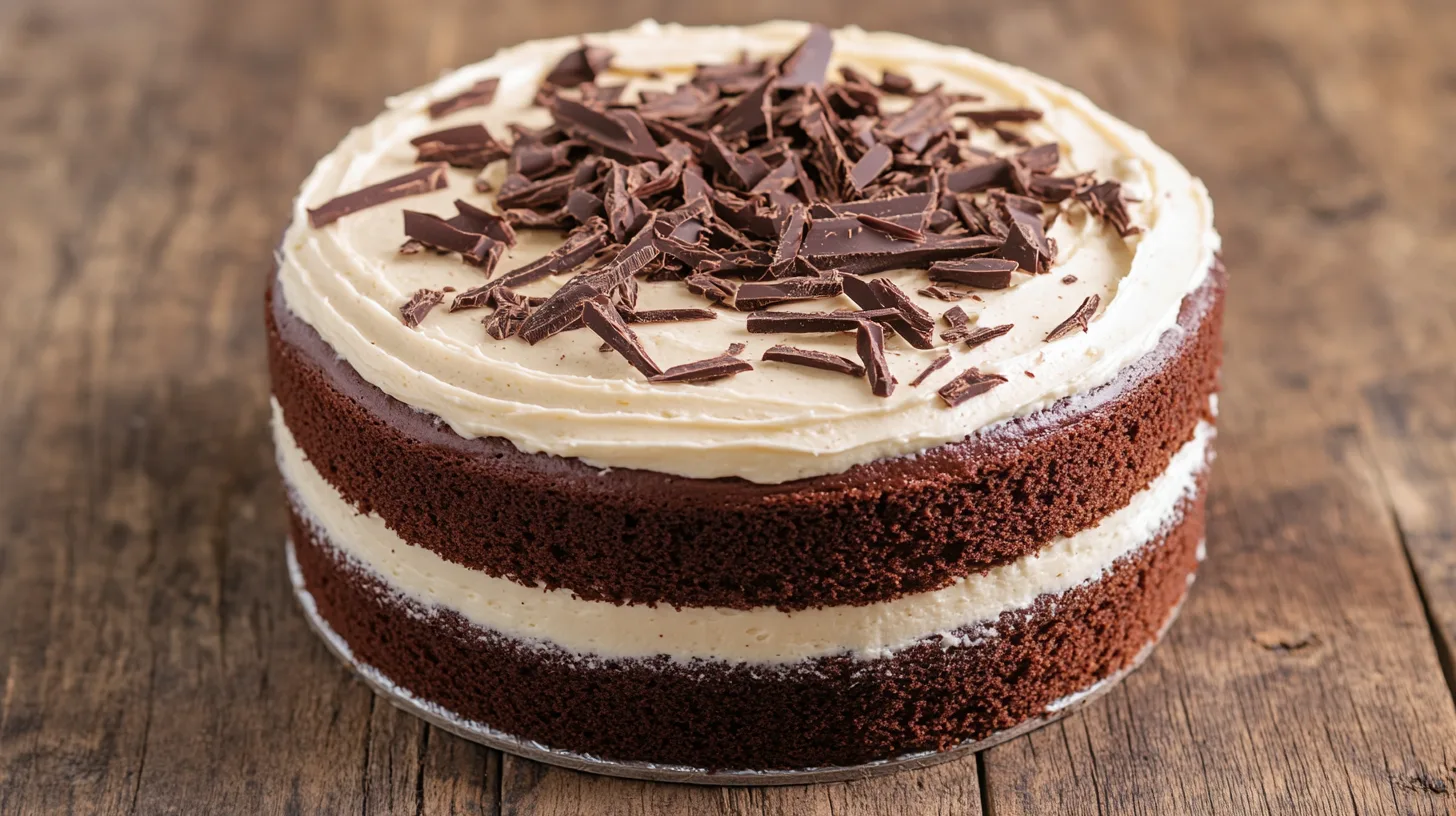 Chocolate cake with cream cheese frosting on a table