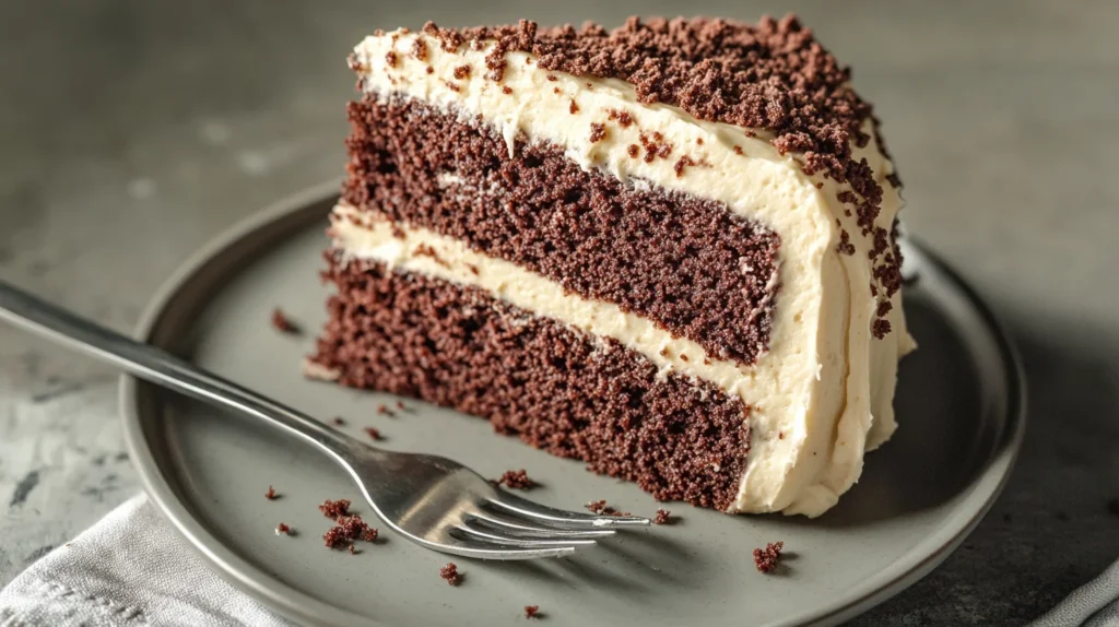 Rich and moist chocolate cake with cream cheese frosting served on a cake stand.