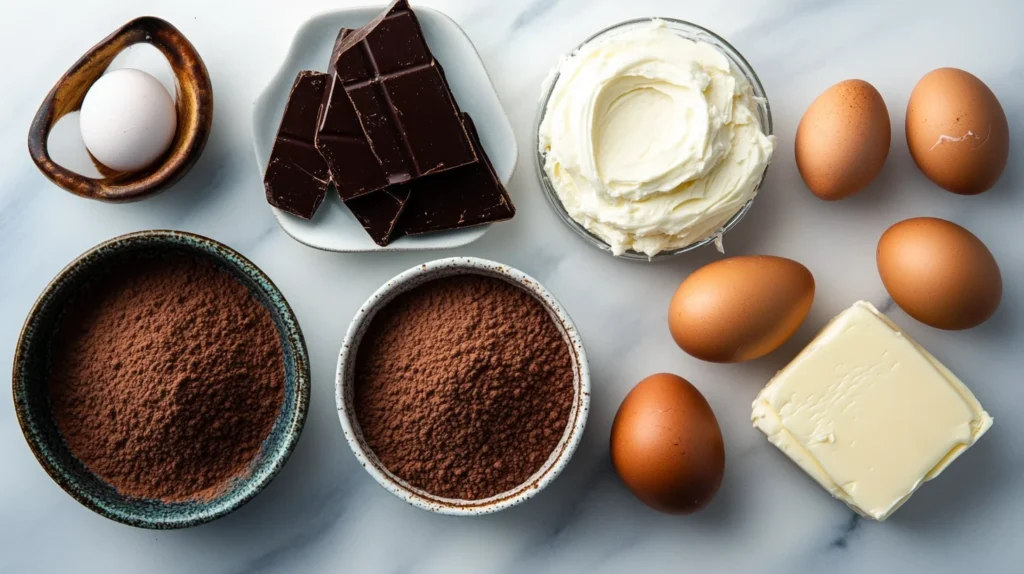 Ingredients for chocolate cake and cream cheese icing