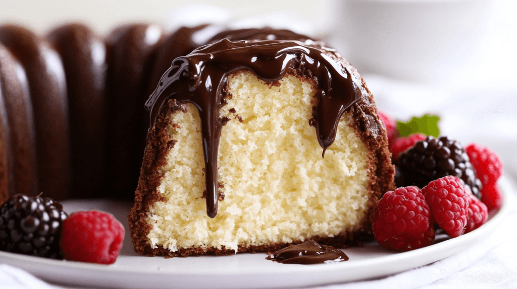 A slice of chocolate cream cheese pound cake with ganache and berries.