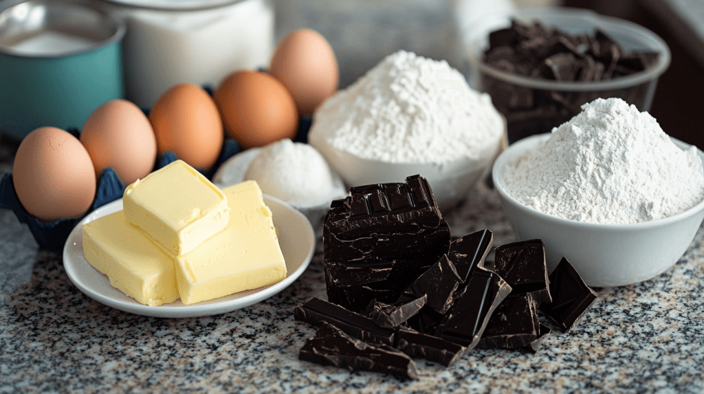 Ingredients for chocolate cream cheese pound cake.