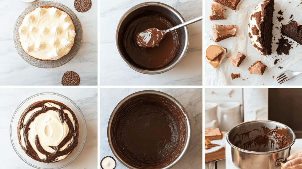 Steps for making chocolate cream cheese pound cake in a grid layout.