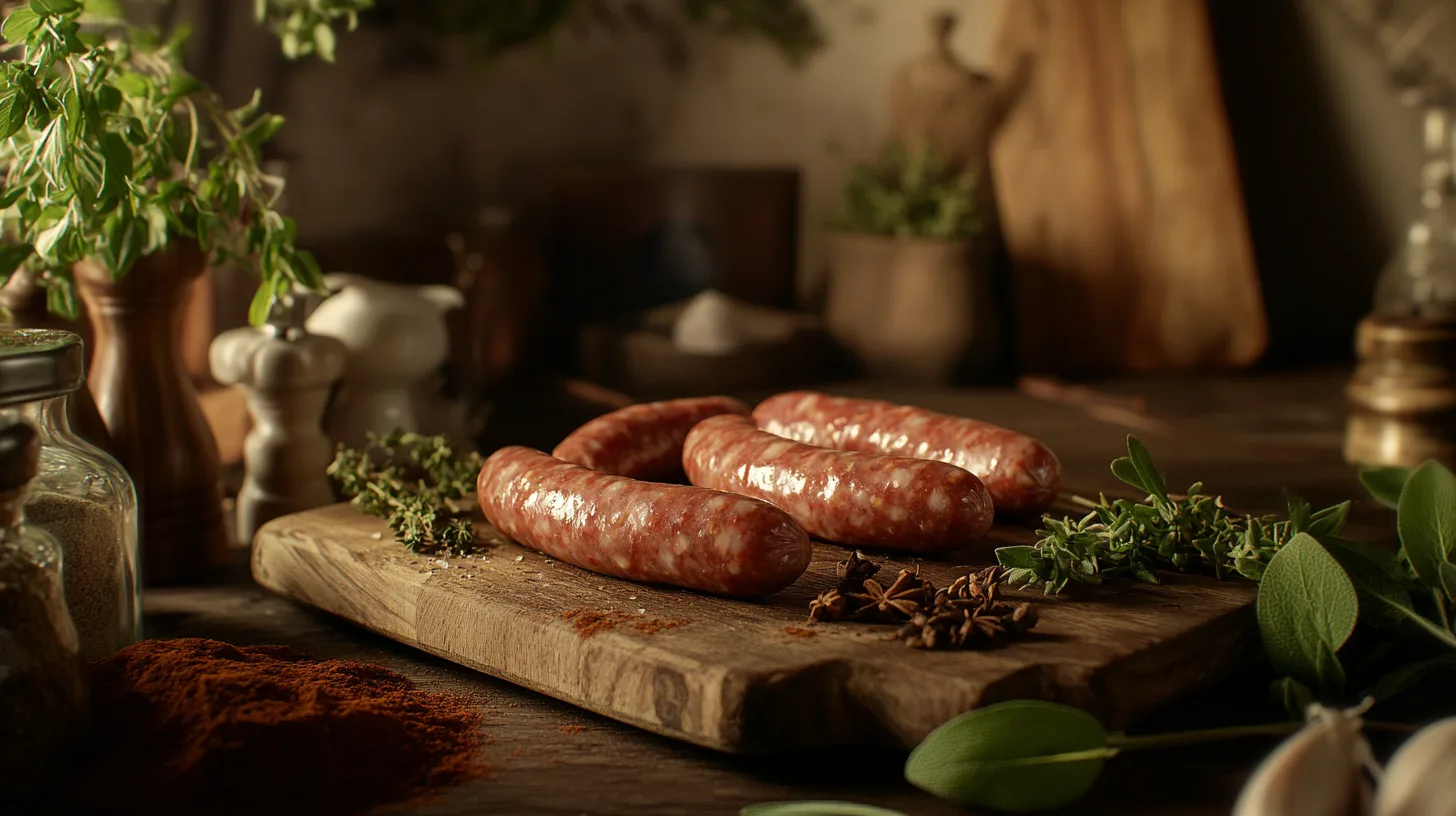 Cover photo of a deer sausage recipe with raw sausages, herbs, and spices.