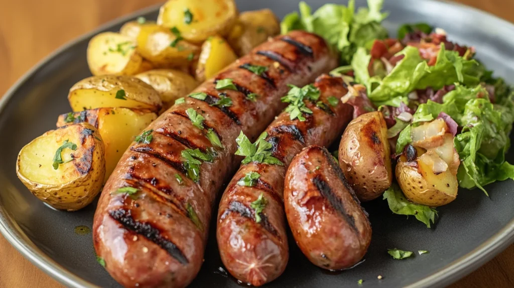 Grilled deer sausages served with roasted potatoes and herbs.