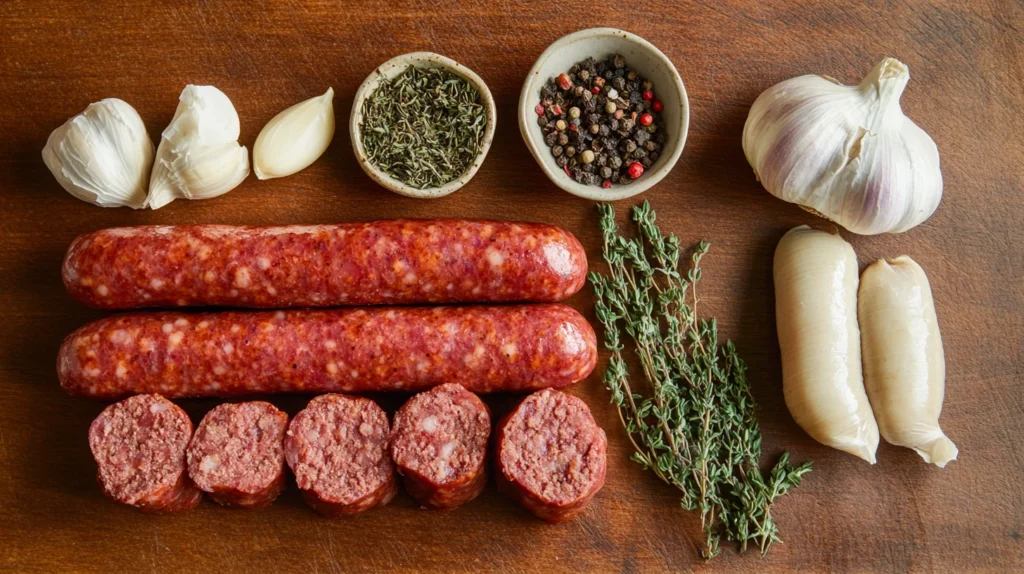 Flat-lay of deer sausage recipe ingredients: venison, pork fat, and spices.