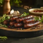 Grilled deer sausages served on a rustic wooden platter, garnished with fresh herbs and spices, alongside a small bowl of dipping sauce.