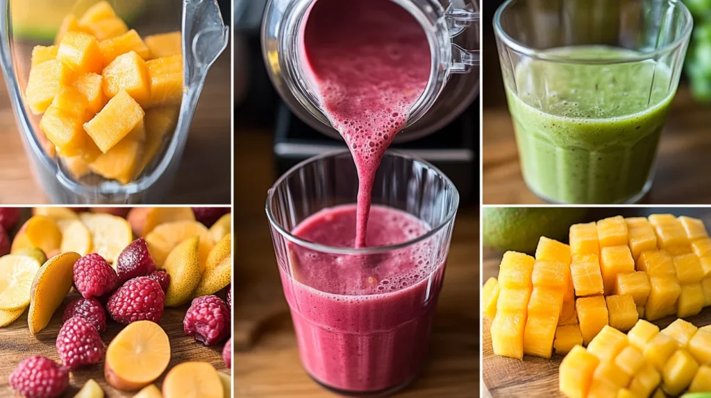 Step-by-step photo grid for making Dude Perfect Smoothie