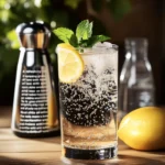 Glass of homemade soda water with lemon slice and mint garnish, surrounded by a soda maker and chilled water bottle on a wooden table.