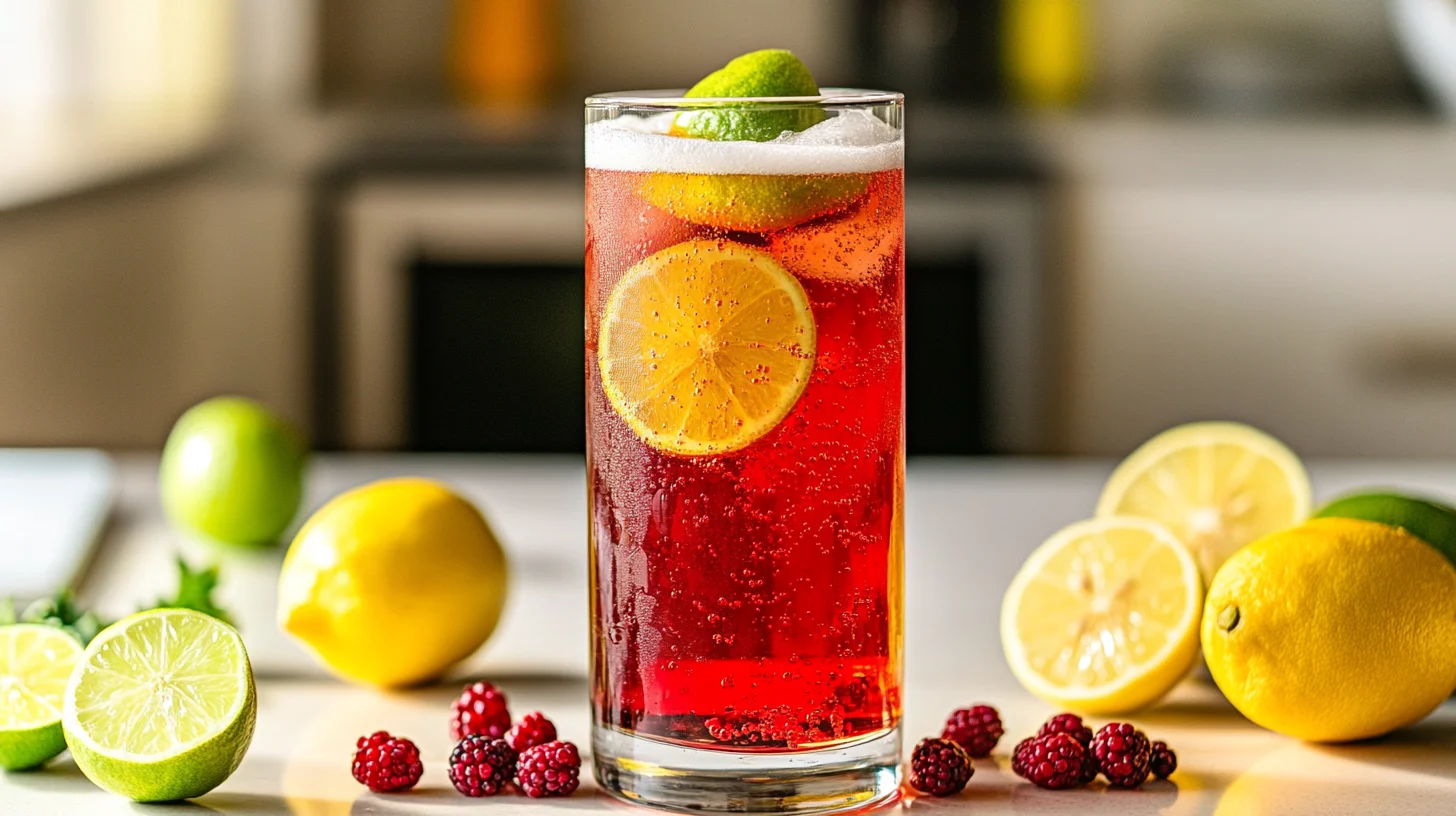 Homemade soda with fresh fruits on a sunny table