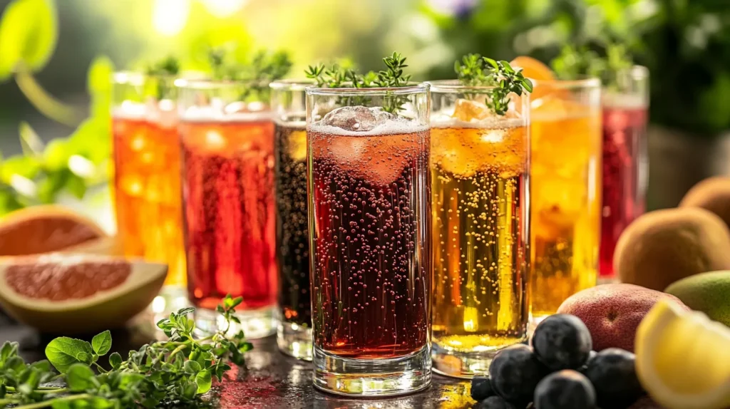 Freshly made soda in glasses with colorful garnishes