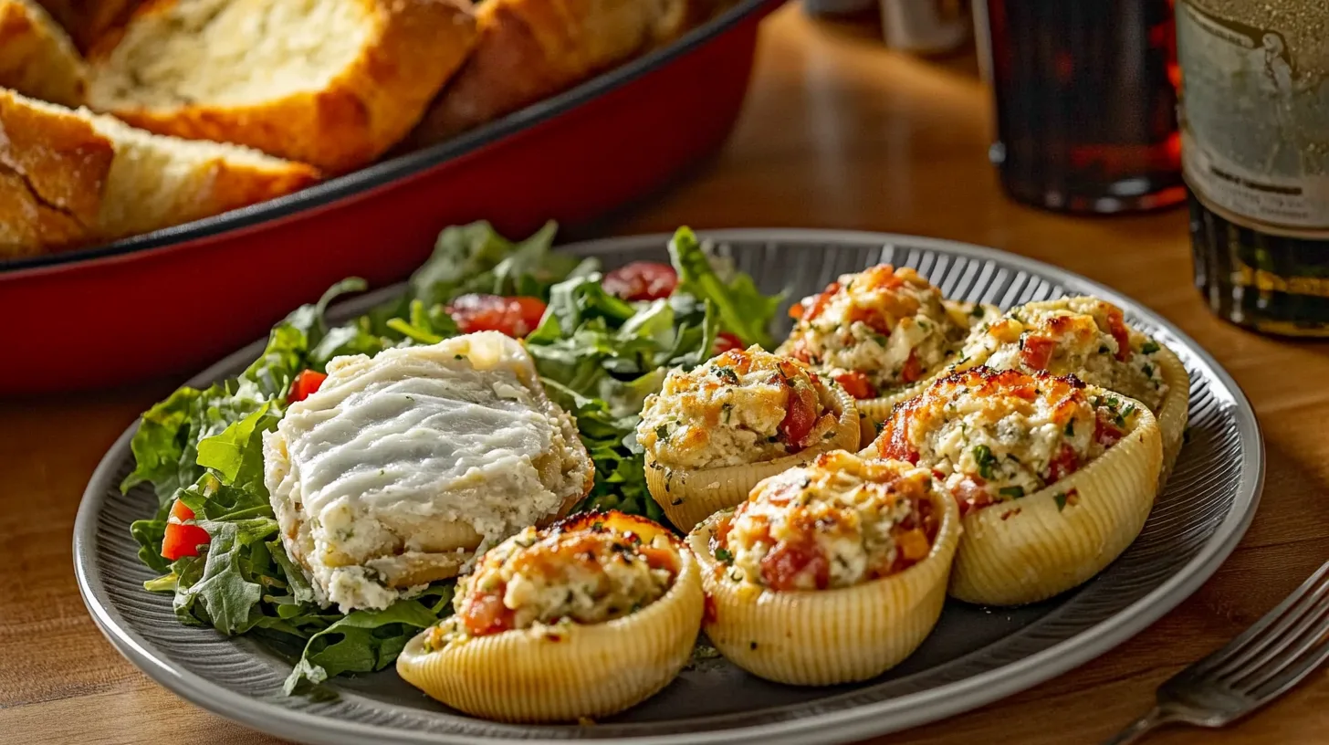 Garlic bread and Caesar salad paired with shells