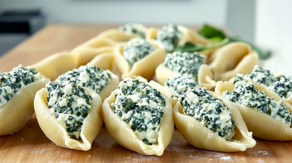 Stuffing pasta shells with ricotta and spinach