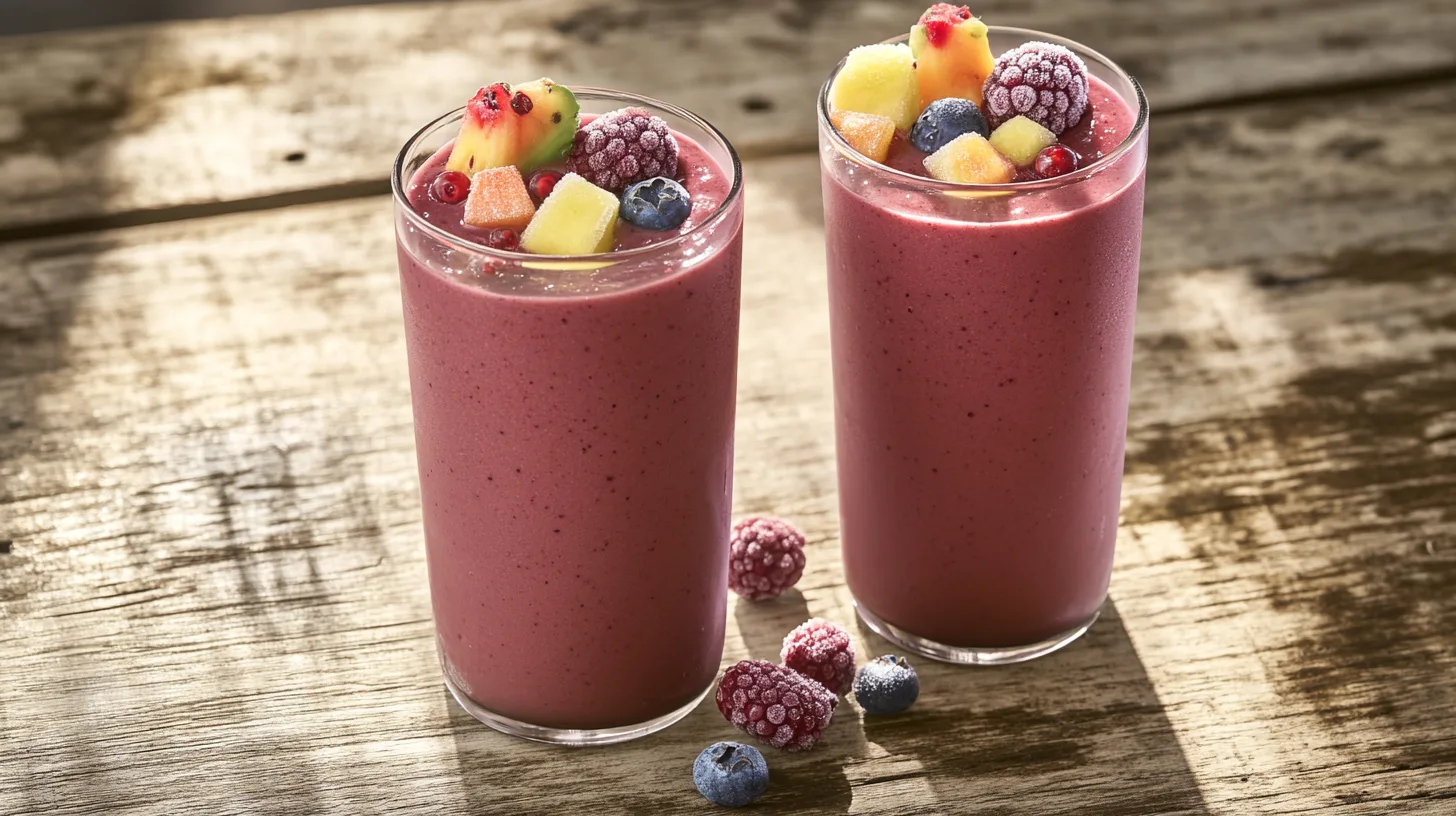 A vibrant frozen fruit smoothie in a glass on a wooden table