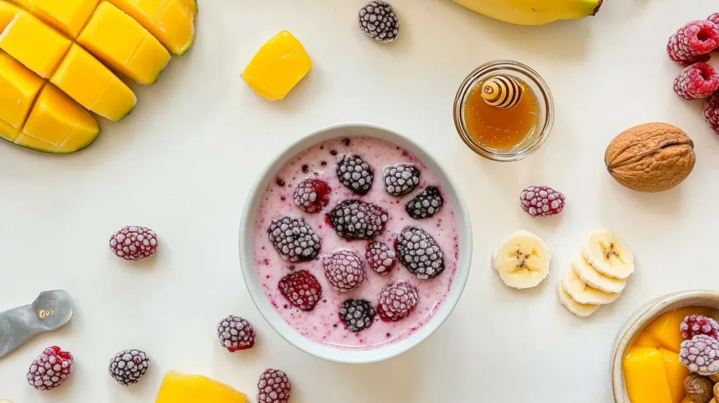 Ingredients for a smoothie: frozen fruit, almond milk, honey