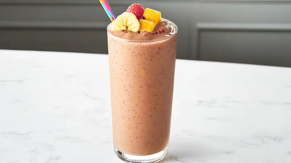 A finished frozen fruit smoothie with toppings