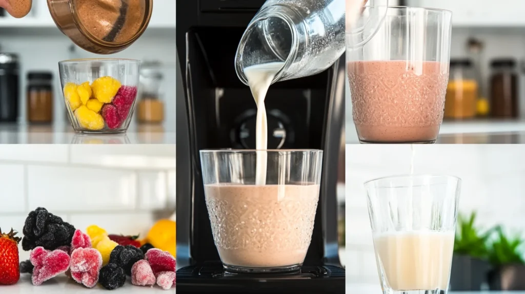 Steps to make a smoothie with frozen fruit, shown in a collage