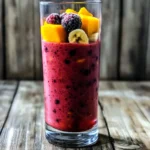 A vibrant frozen fruit smoothie in a glass on a rustic table