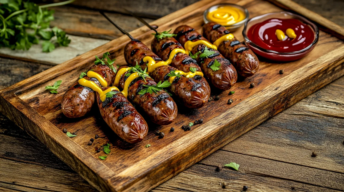 Grilled beef sausages on a wooden platter