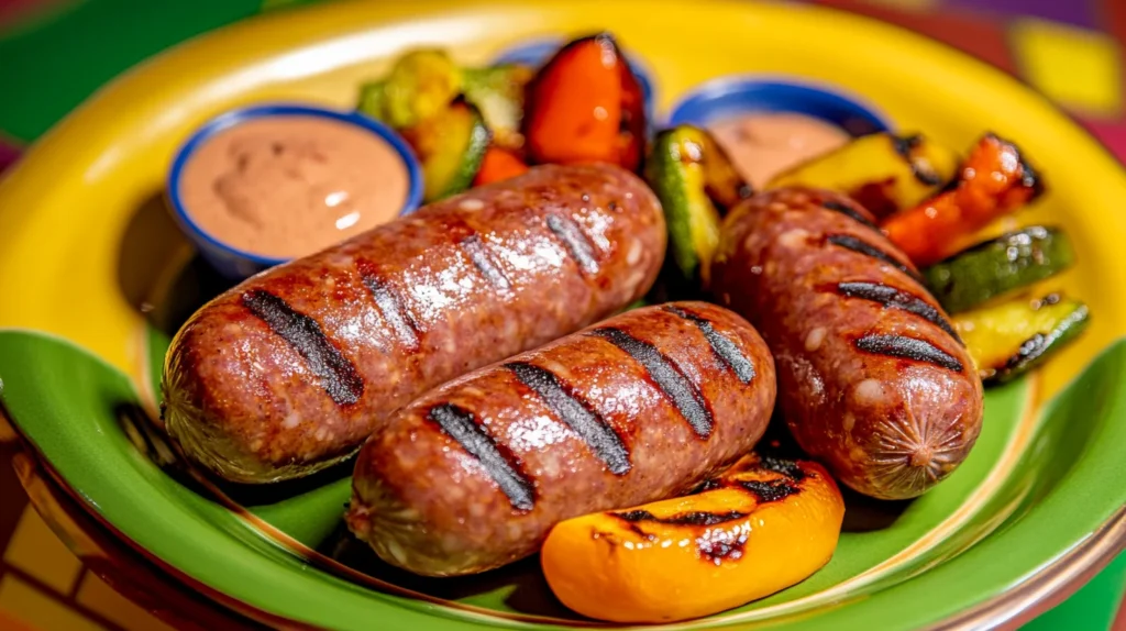 Juicy beef sausages with grilled vegetables